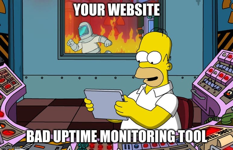 Homer Simpson ignoring fire meme with the text: your website / bad uptime monitoring tool