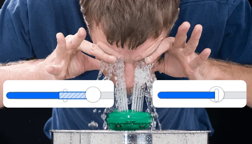 Man putting water in is eyes after looking at both z-index options