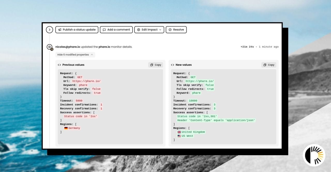 Monitor modification diff shown on an incident timeline