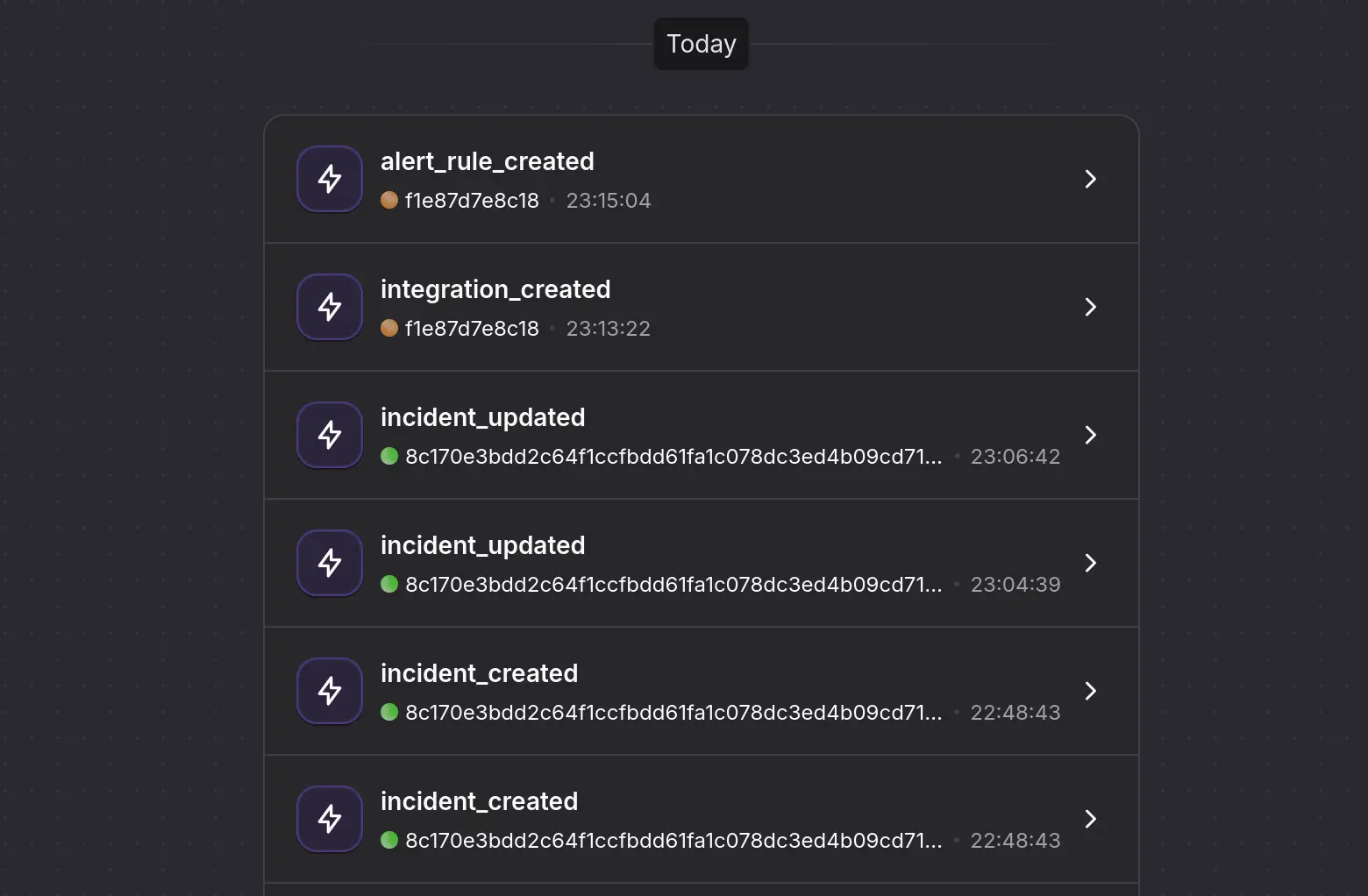 List of tracking events on the Vemetric dashboard