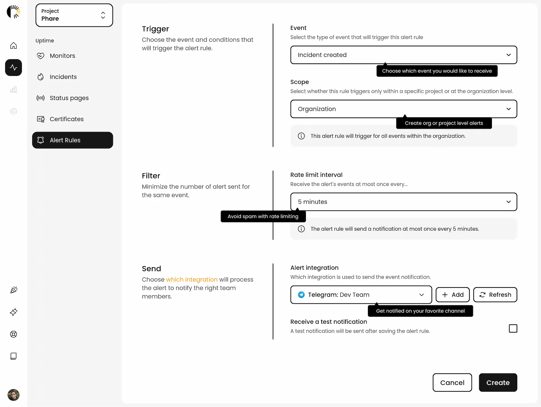 Phare dashboard showing alert rules