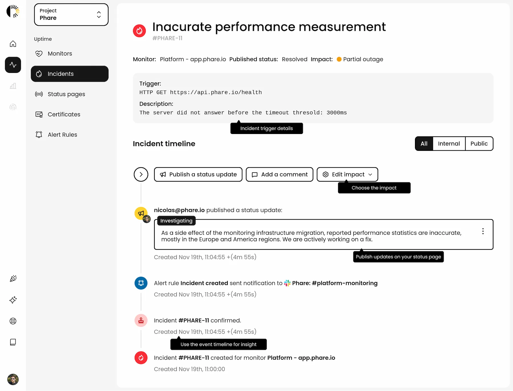 Phare dashboard showing an incident’s timeline