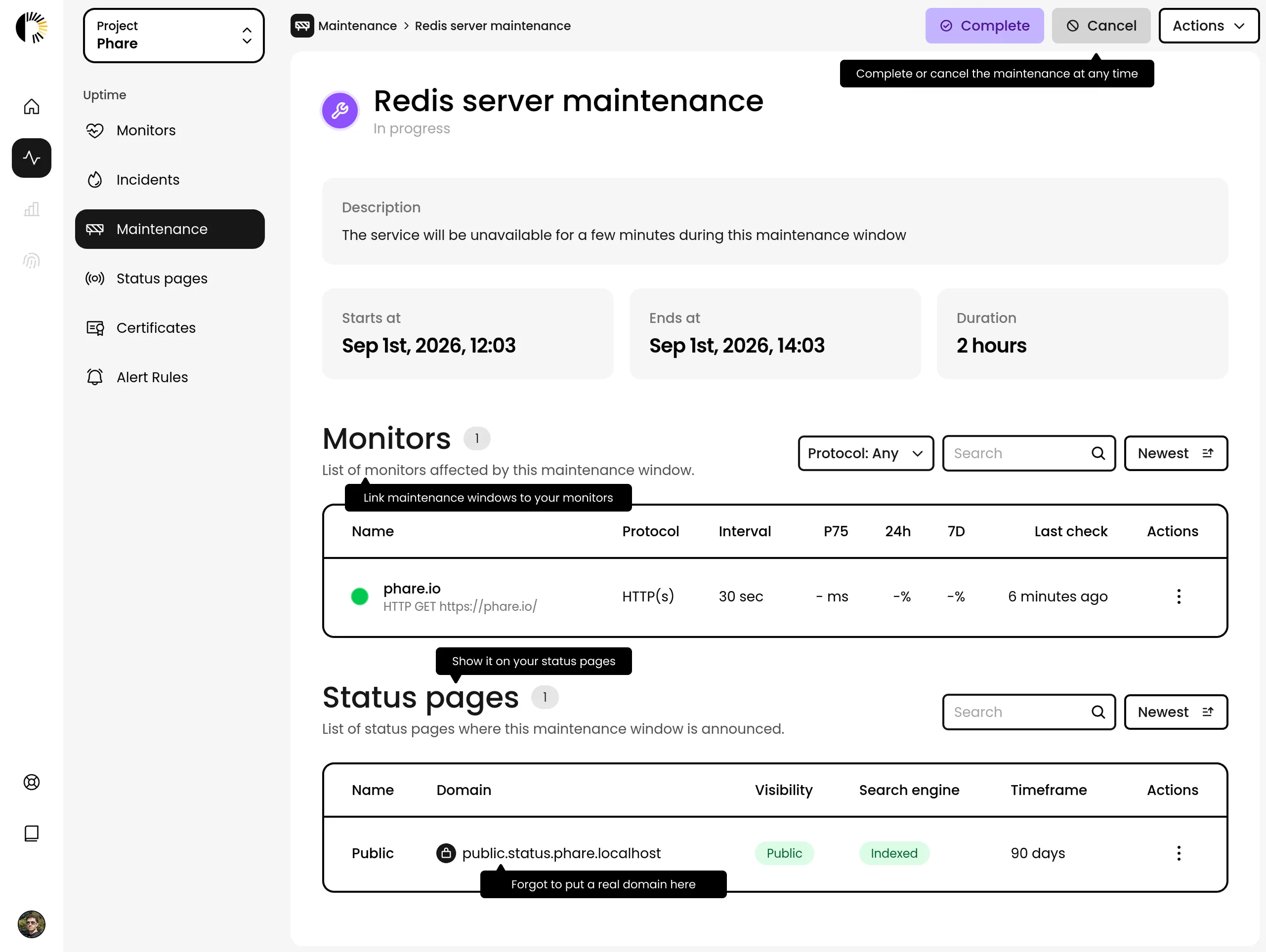 Phare dashboard showing maintenance windows